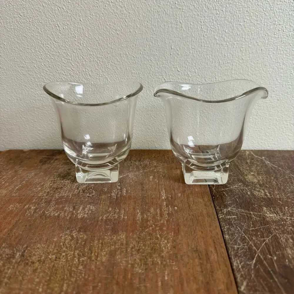 Cambridge Vintage MCM Square Base Clear Glass Sugar and Creamer‎ Set